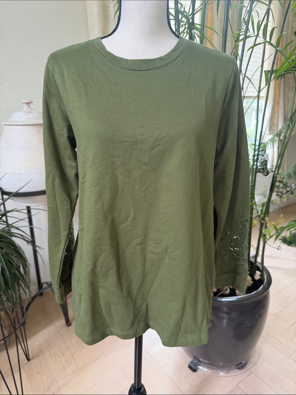 LOGO by Lori Goldstein Olive Long Sleeve Crewneck with Eyelet Cuff Detail
